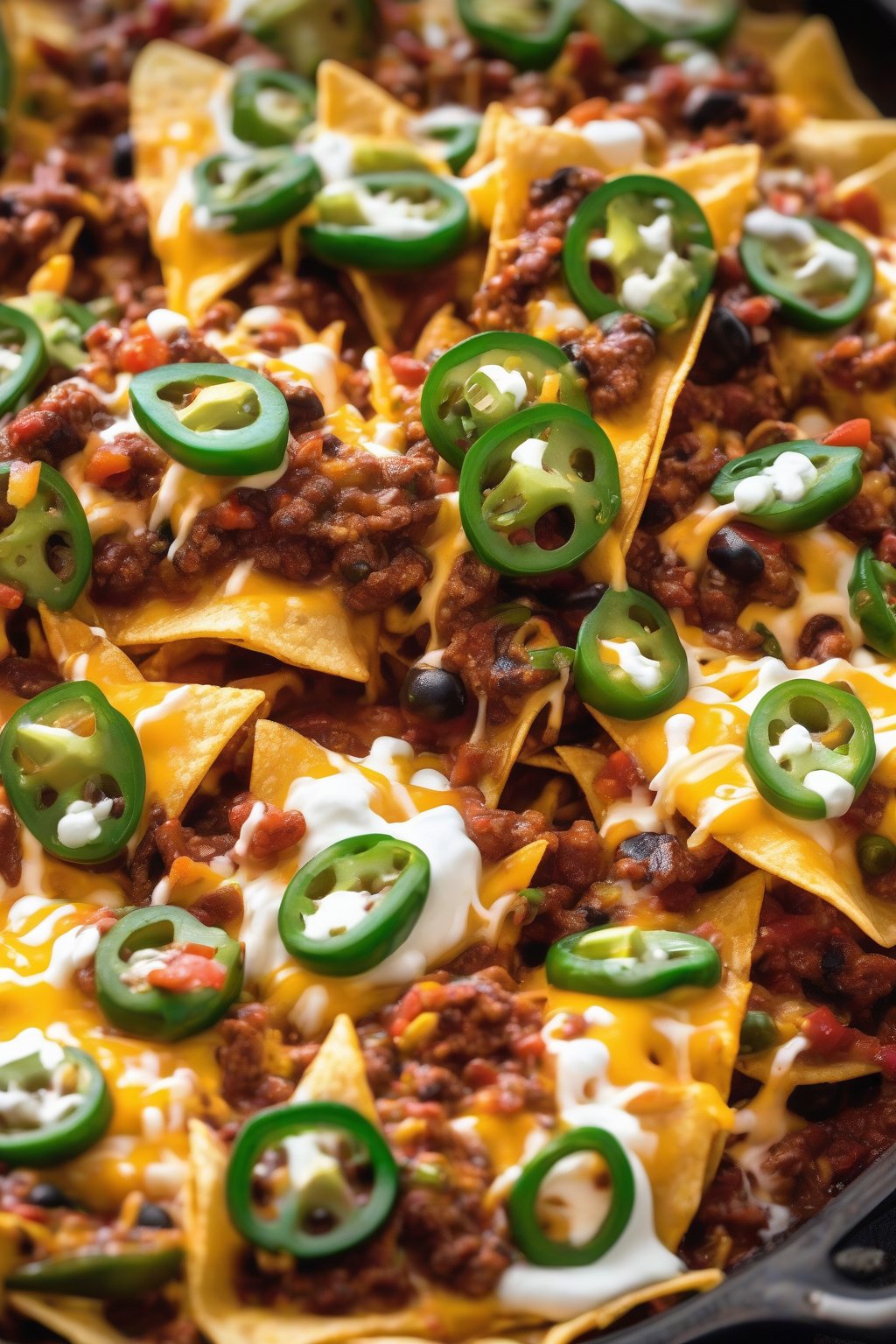 A close-up photo of Loaded Chili Nachos bubbling with cheese and jalapeños under soft lighting.