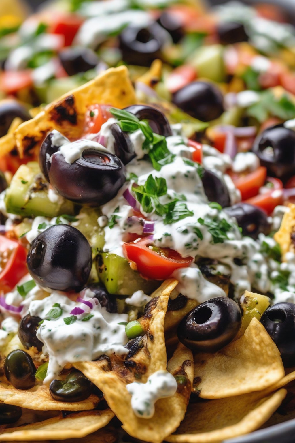 A close-up photo of Mediterranean Feta Loaded Nachos with olives and tzatziki under soft lighting.