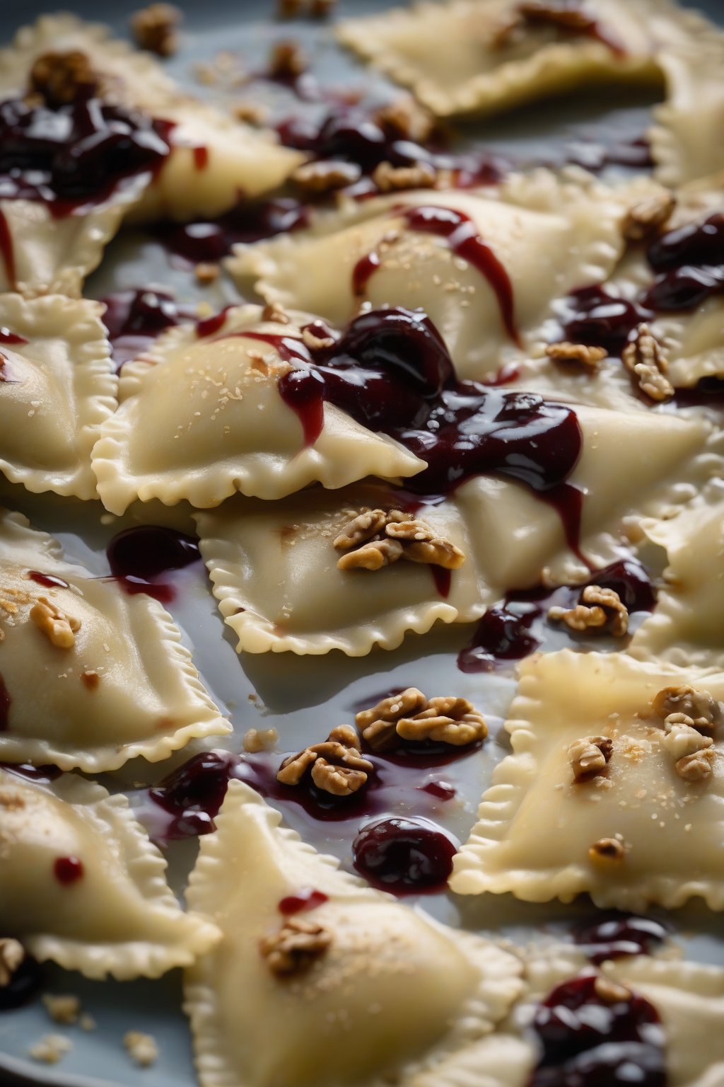 A high-resolution photo of pear and blue cheese ravioli drizzled with port reduction, walnut accents, under soft lighting.