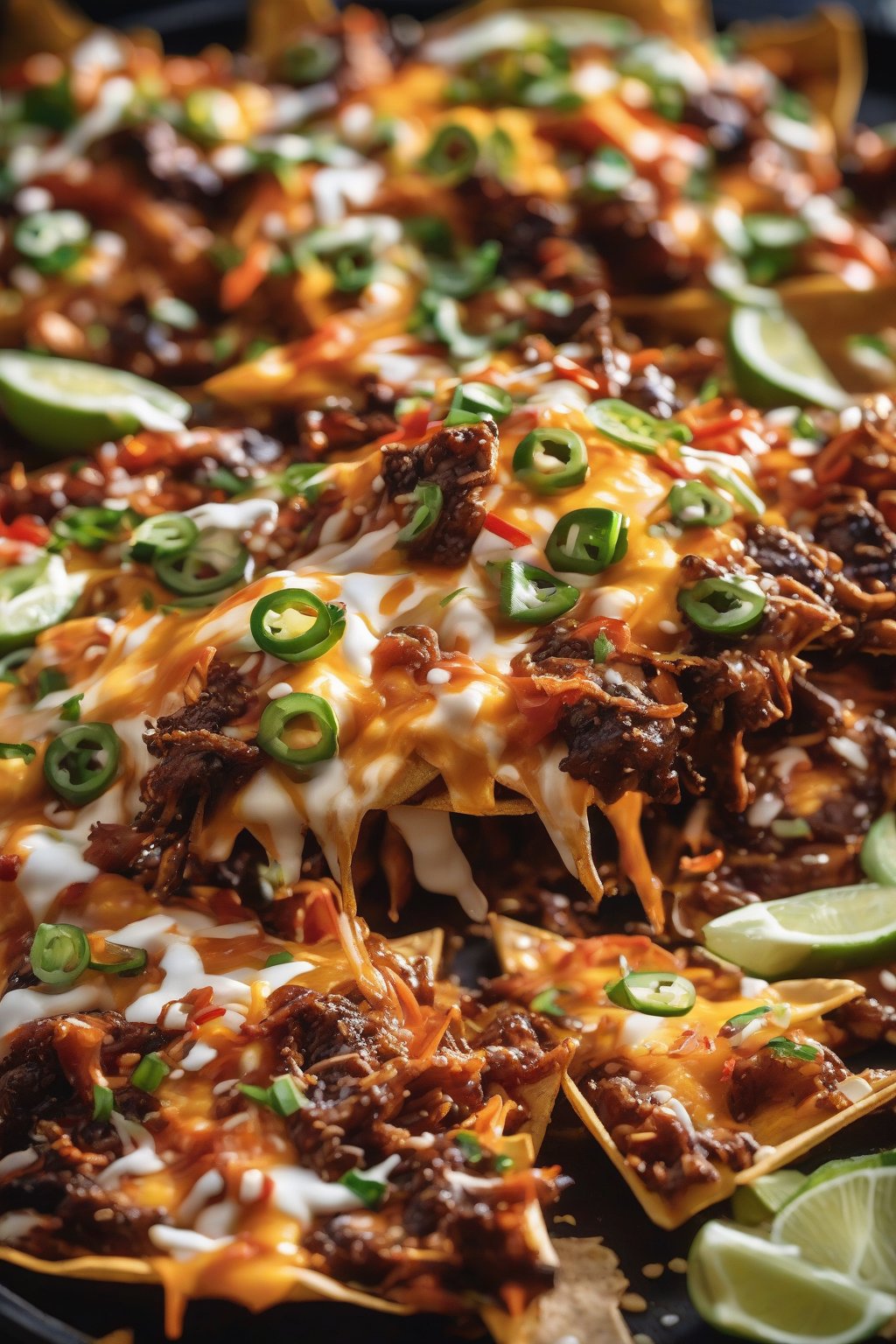 A close-up photo of Korean BBQ Loaded Nachos with kimchi and sesame under soft lighting.