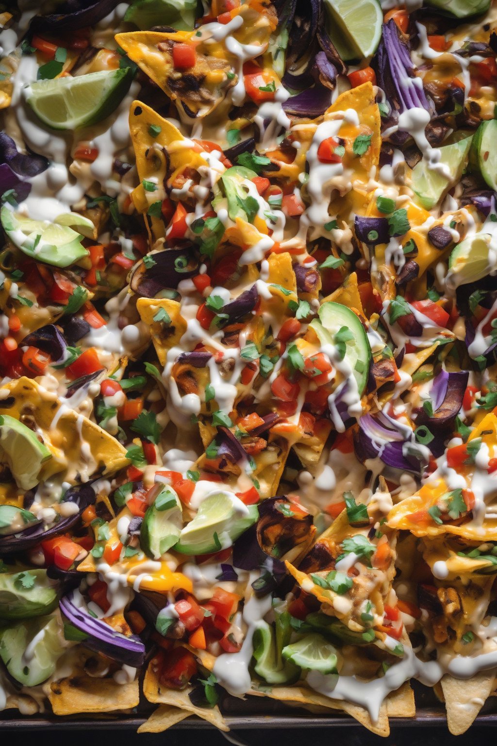 A close-up photo of Roasted Veggie Vegetarian Loaded Nachos with tahini drizzle under soft lighting.