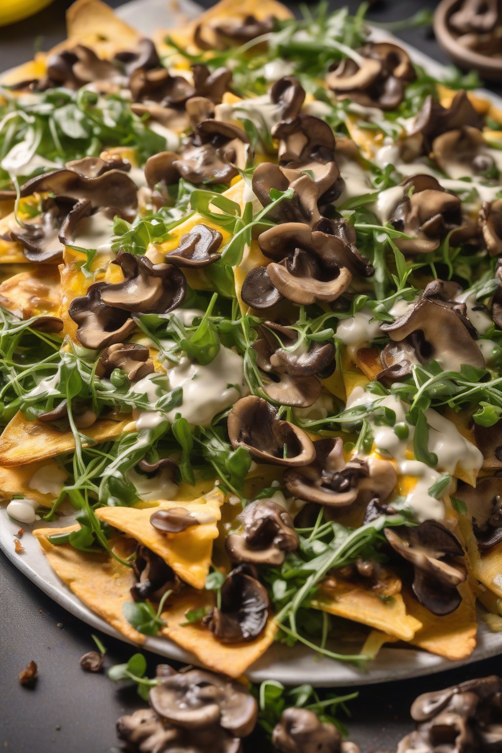 A close-up photo of Truffle Oil Gourmet Loaded Nachos with mushrooms and arugula under soft lighting.