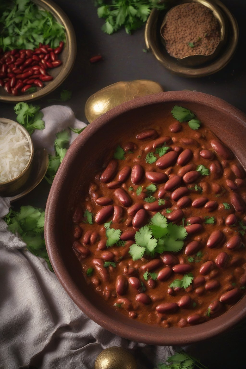 A high-resolution photo of steaming classic Punjabi rajma masala in a clay bowl, garnished with cilantro, under soft lighting.