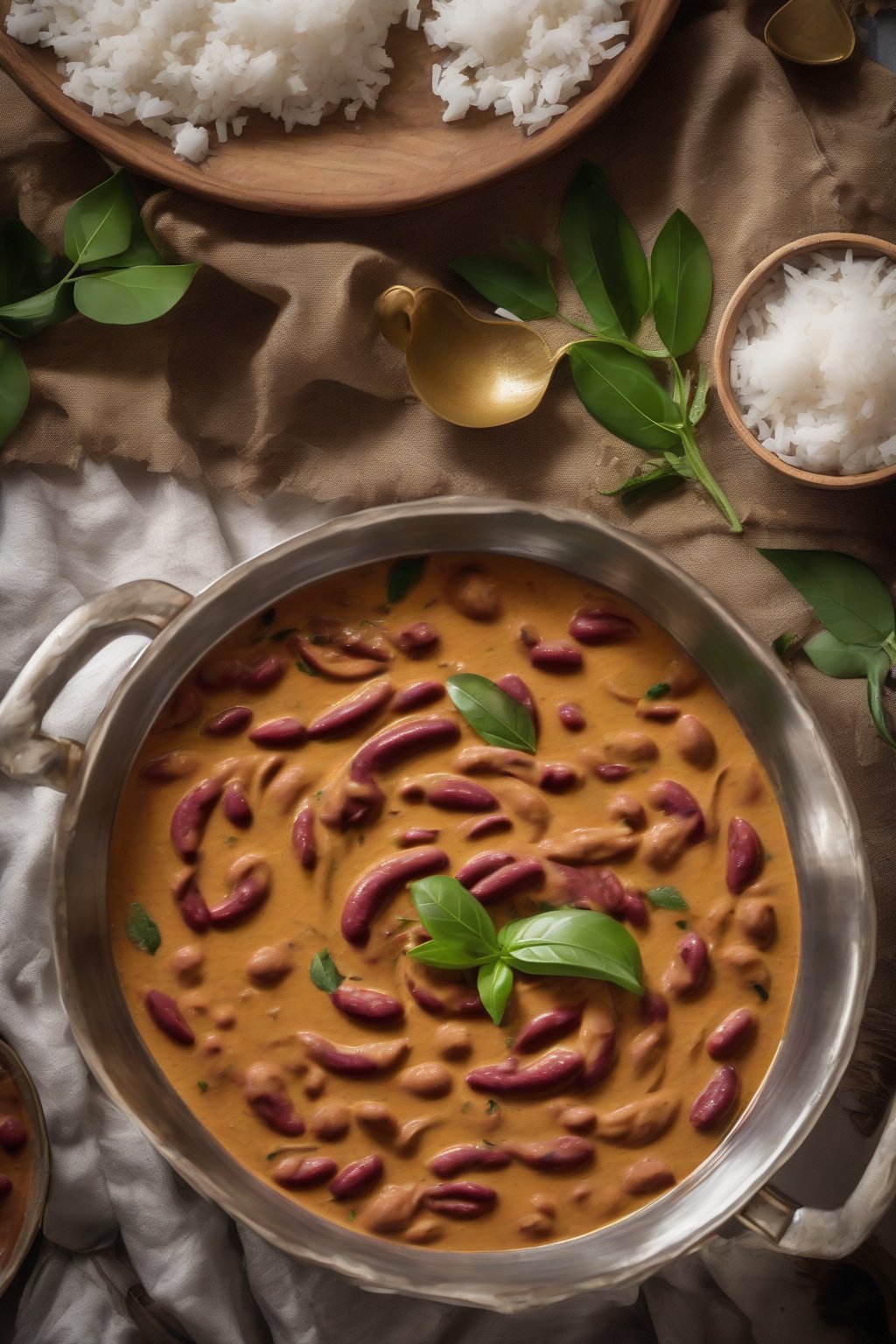 A high-resolution photo of creamy coconut rajma curry swirled with coconut milk, topped with curry leaves, under soft lighting.