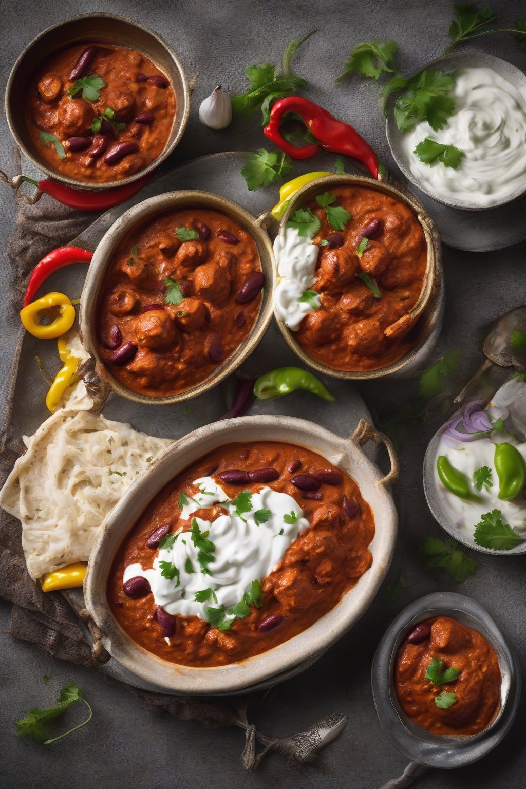A high-resolution photo of vibrant spicy rajma tikka masala with charred peppers, drizzled with cream, under soft lighting.