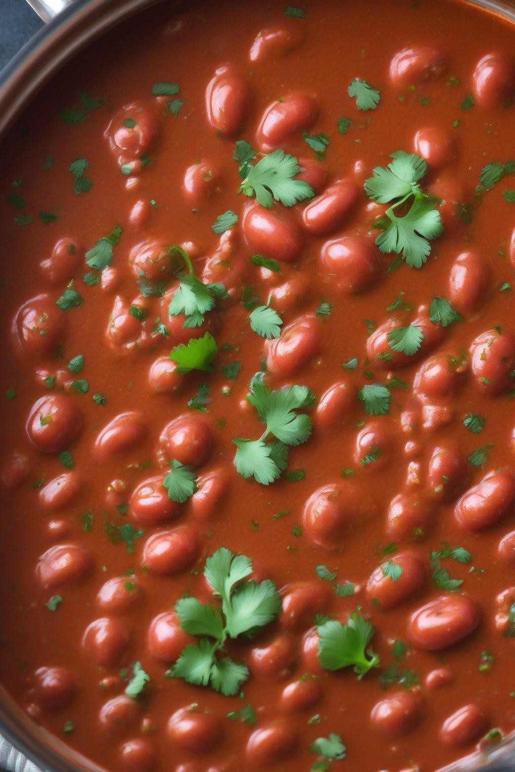 A high-resolution photo of tangy tomato rajma gravy bubbling with bright red chunks, fresh cilantro sprinkle, under soft lighting.