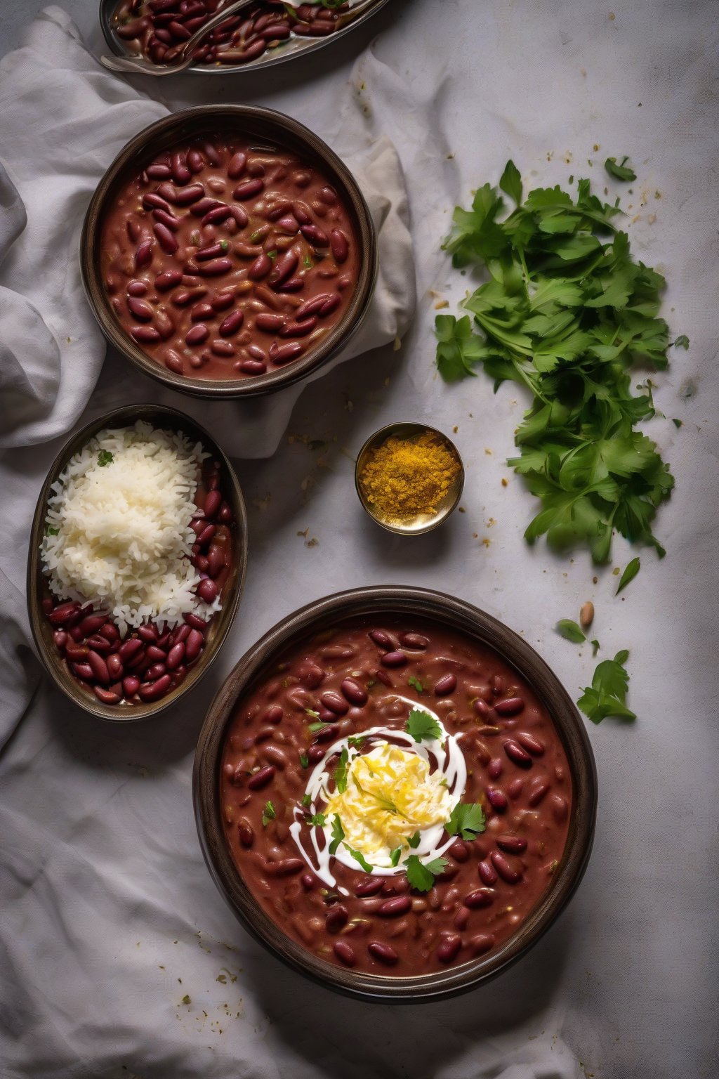 A high-resolution photo of butter rajma delight glossy with cream, fenugreek flecks, in a buttery bowl, under soft lighting.