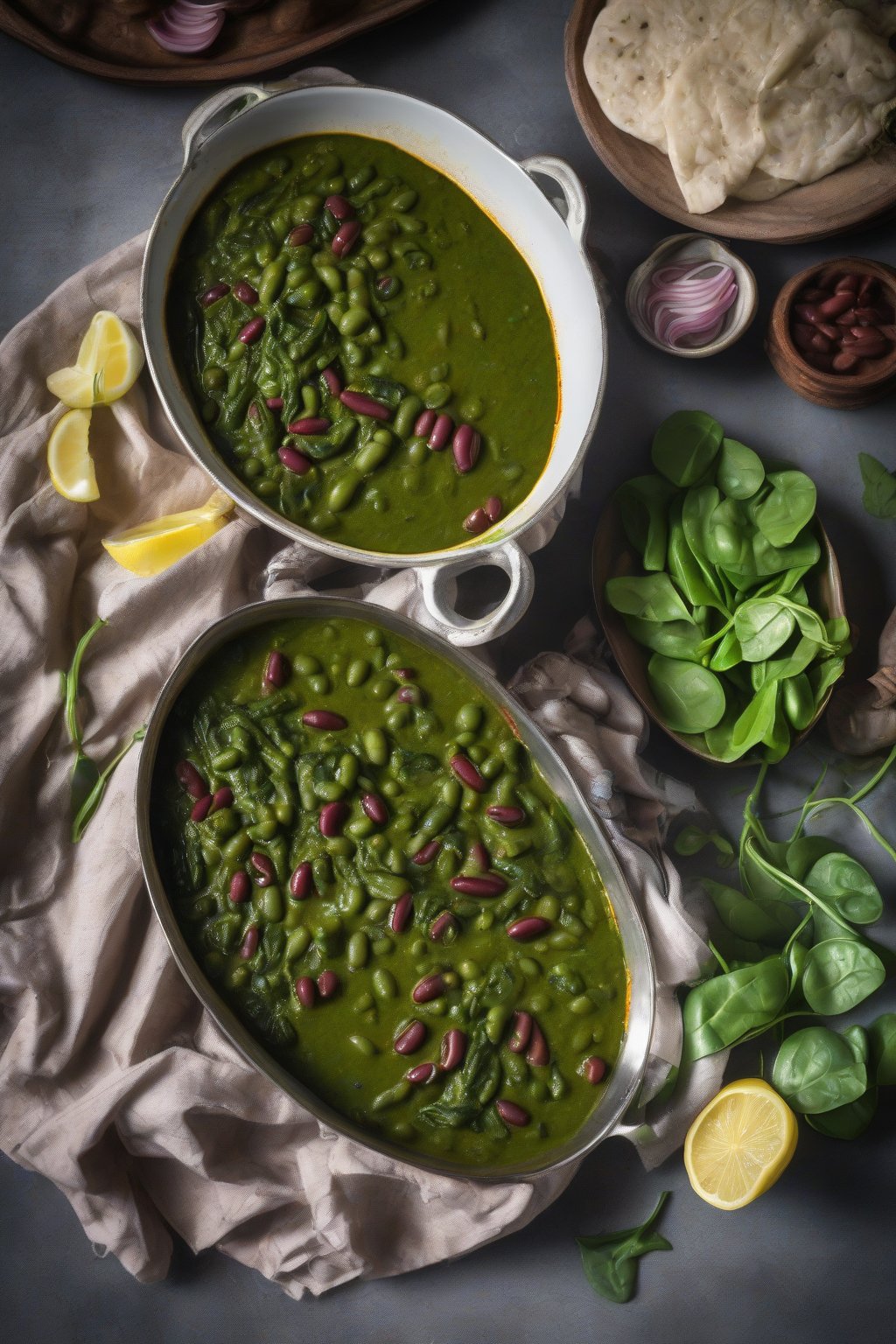 A high-resolution photo of green palak rajma curry with tender beans peeking through spinach, lemon wedge aside, under soft lighting.