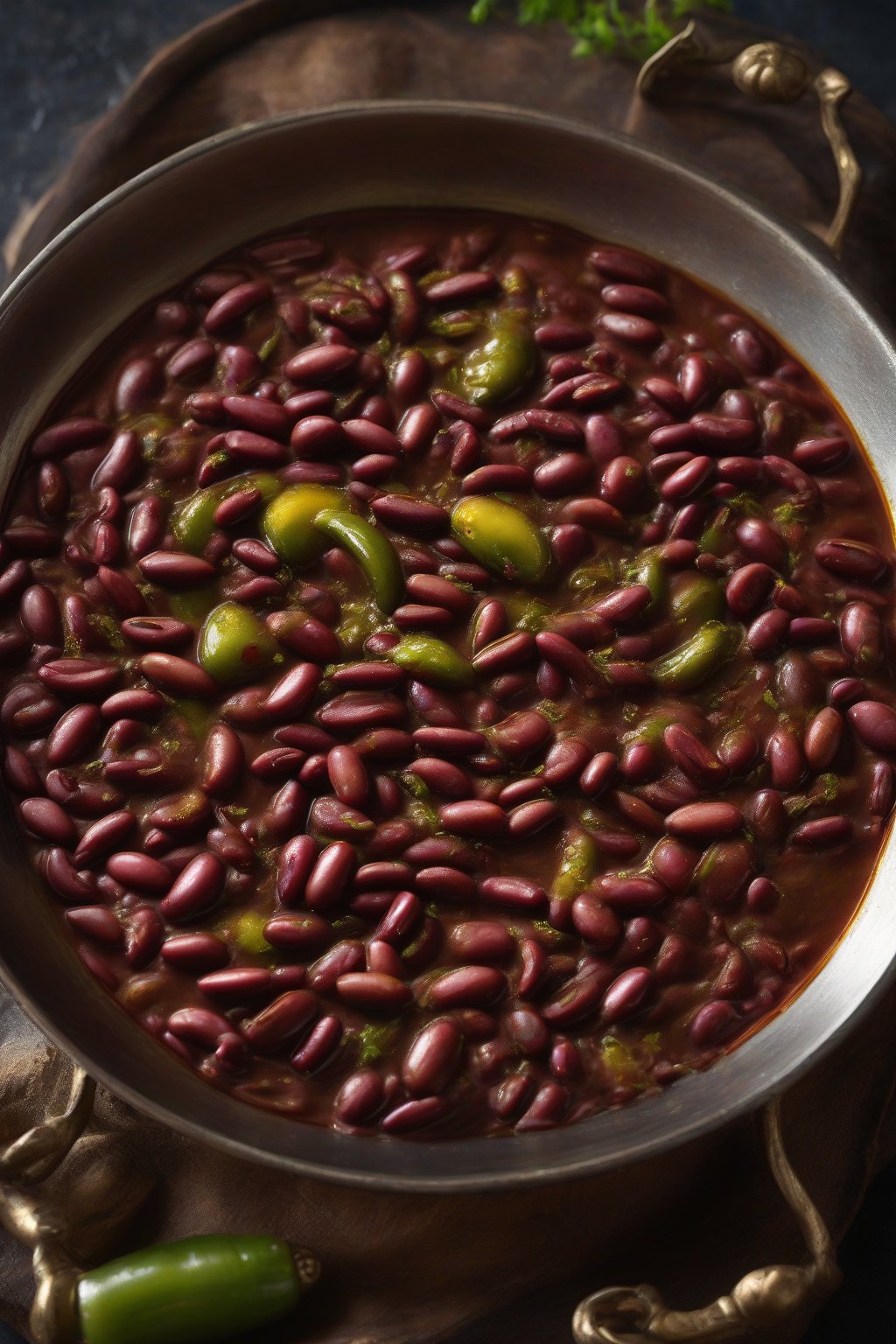 A high-resolution photo of smoky achari rajma with pickle oil sheen, charred edges, under soft lighting.
