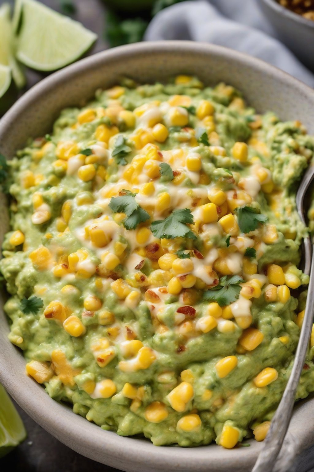 A high-resolution photo of cheesy corn guacamole topped with melted cheddar and corn kernels, in a wide serving bowl, under soft lighting.