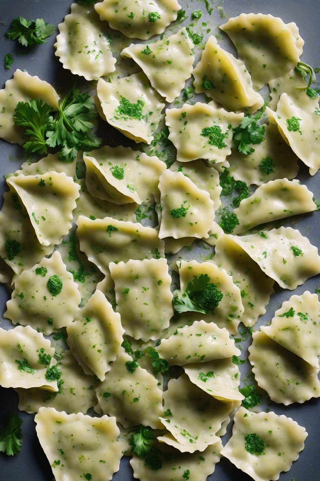 A high-resolution photo of bright green artichoke ravioli flecked with lemon zest, fresh parsley sprinkle, under soft lighting.