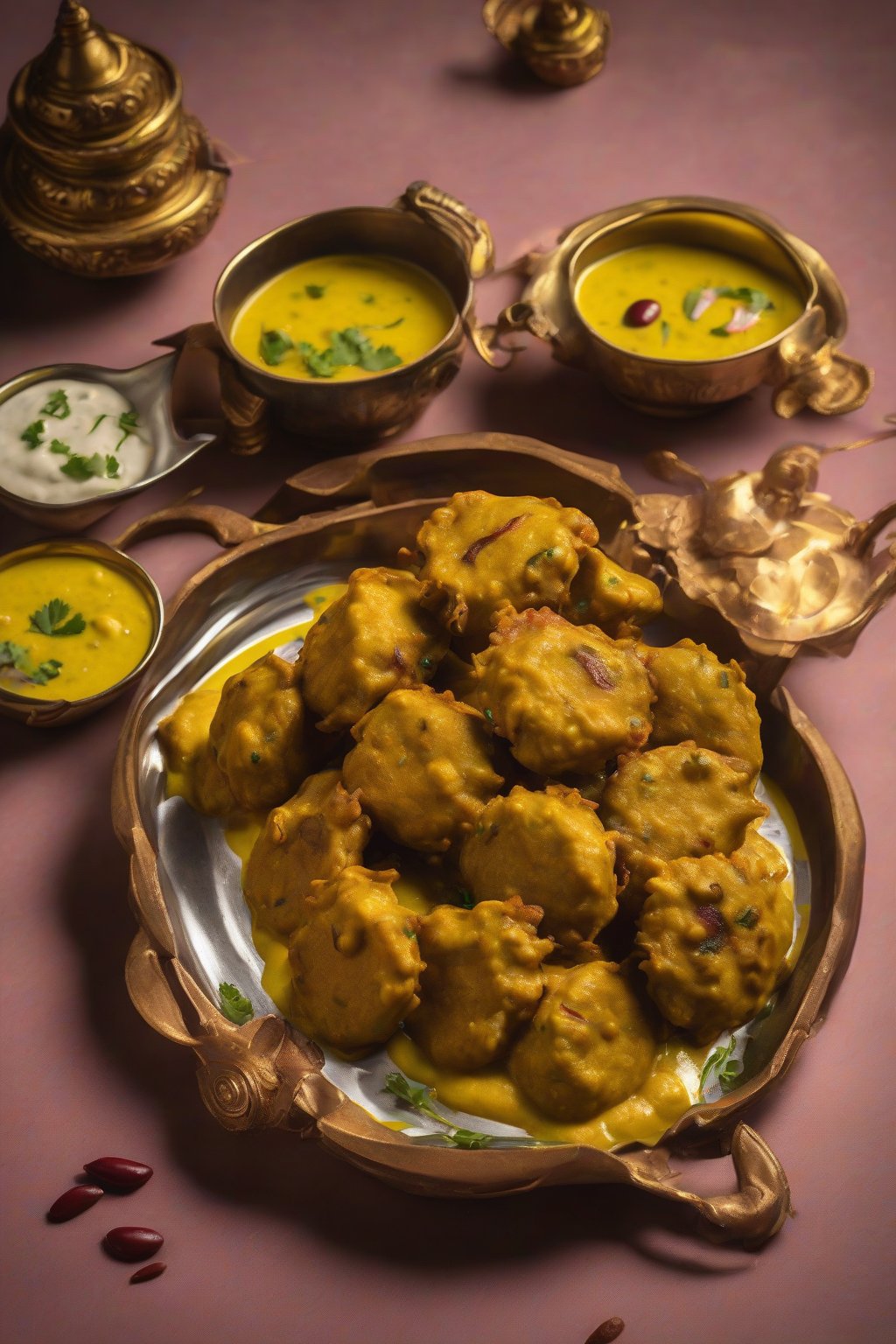 A high-resolution photo of rajma kadhi pakora with golden fritters floating in yellow gravy, under soft lighting.