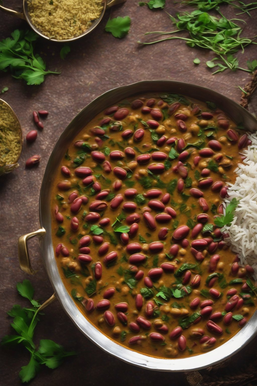 A high-resolution photo of methi rajma curry with green fenugreek strands woven in, ghee gloss, under soft lighting.