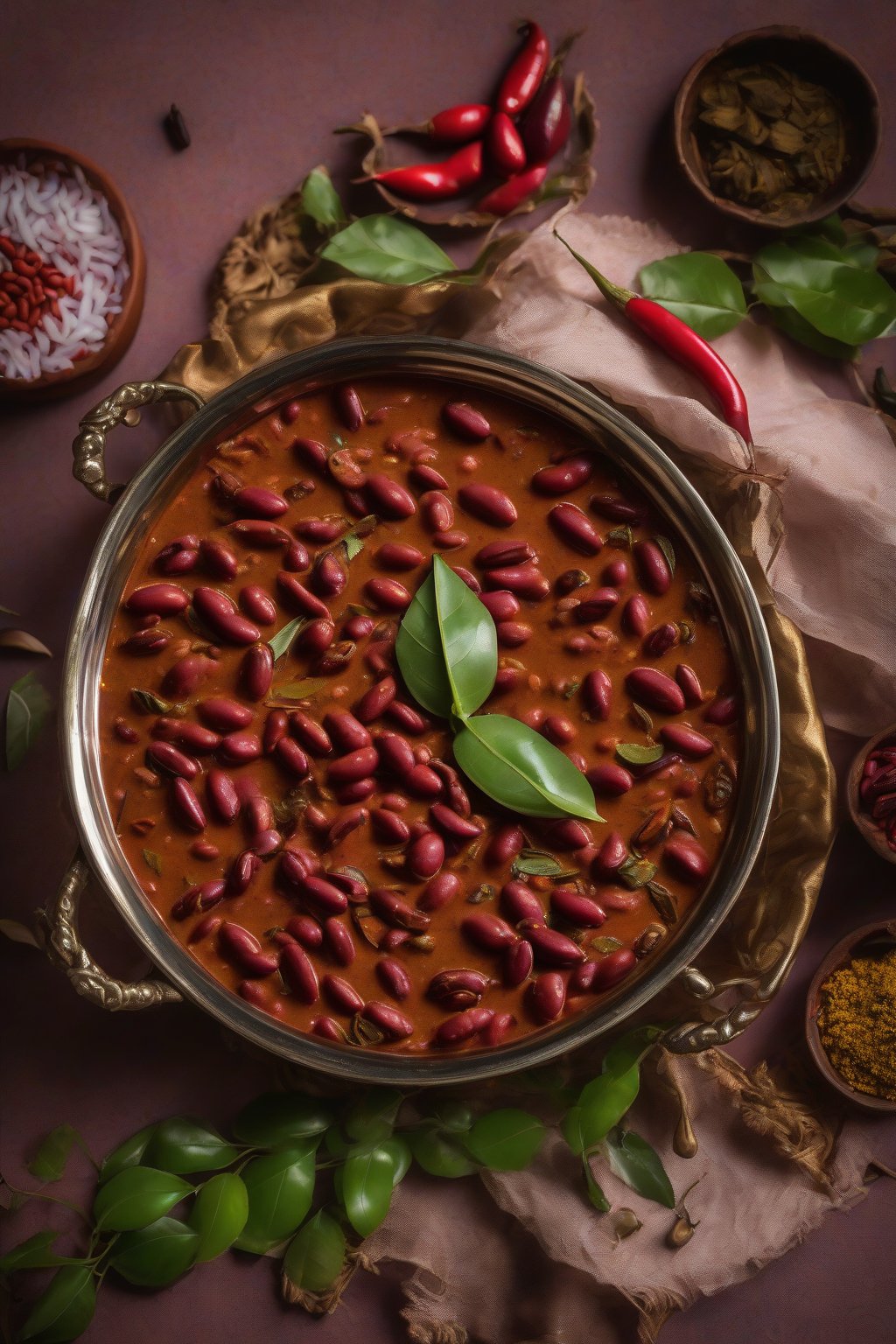 A high-resolution photo of Chettinad rajma masala with roasted spices and curry leaves, vibrant red, under soft lighting.
