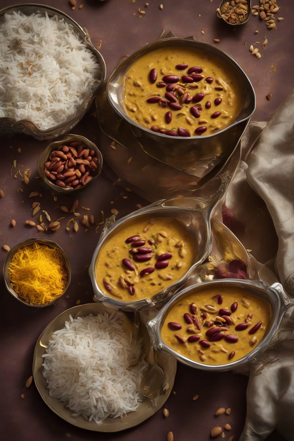 A high-resolution photo of rajma korma creamy with nut flecks, saffron threads, under soft lighting.