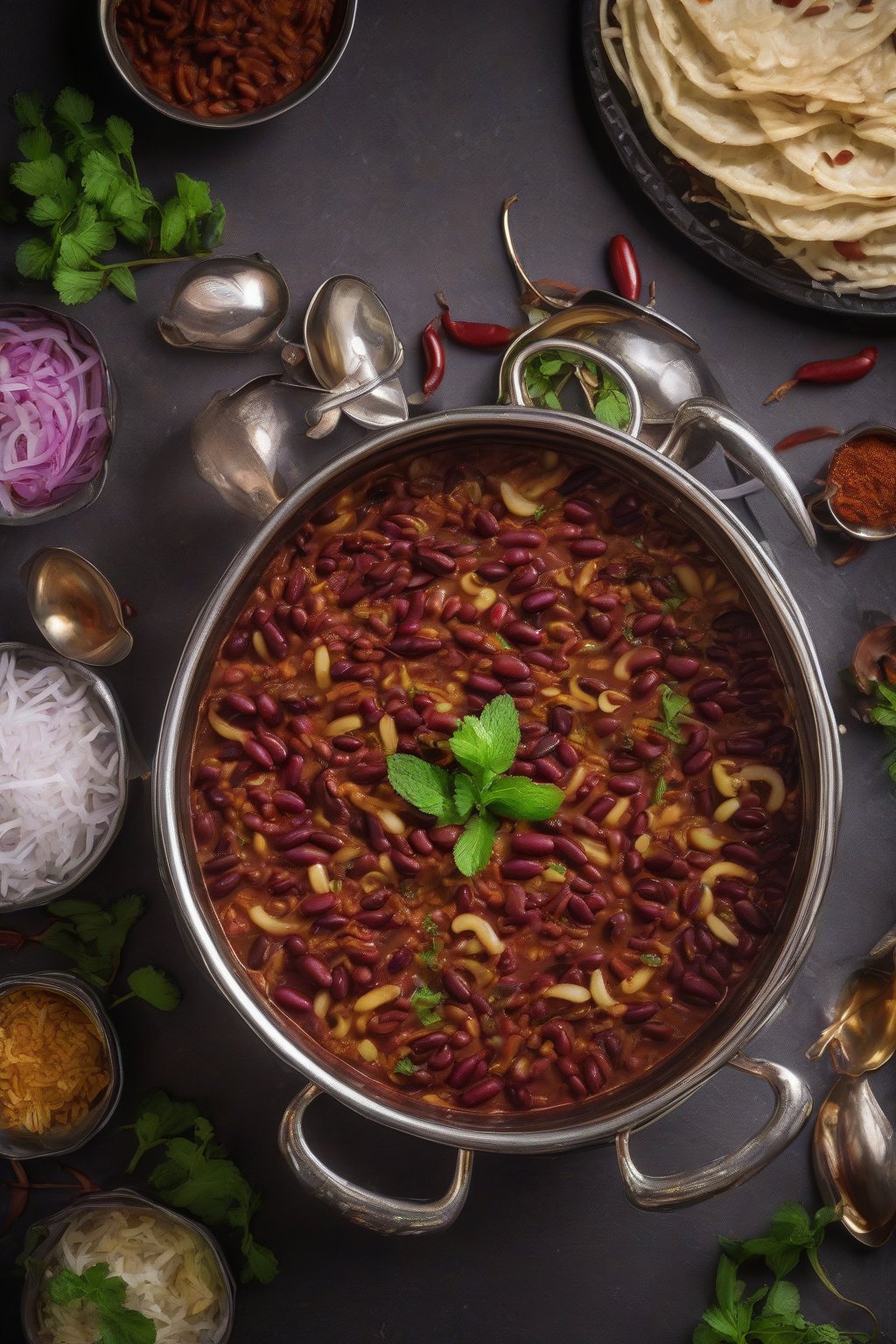 A high-resolution photo of Hyderabadi rajma dum with layered fried onions and mint, steaming pot, under soft lighting.
