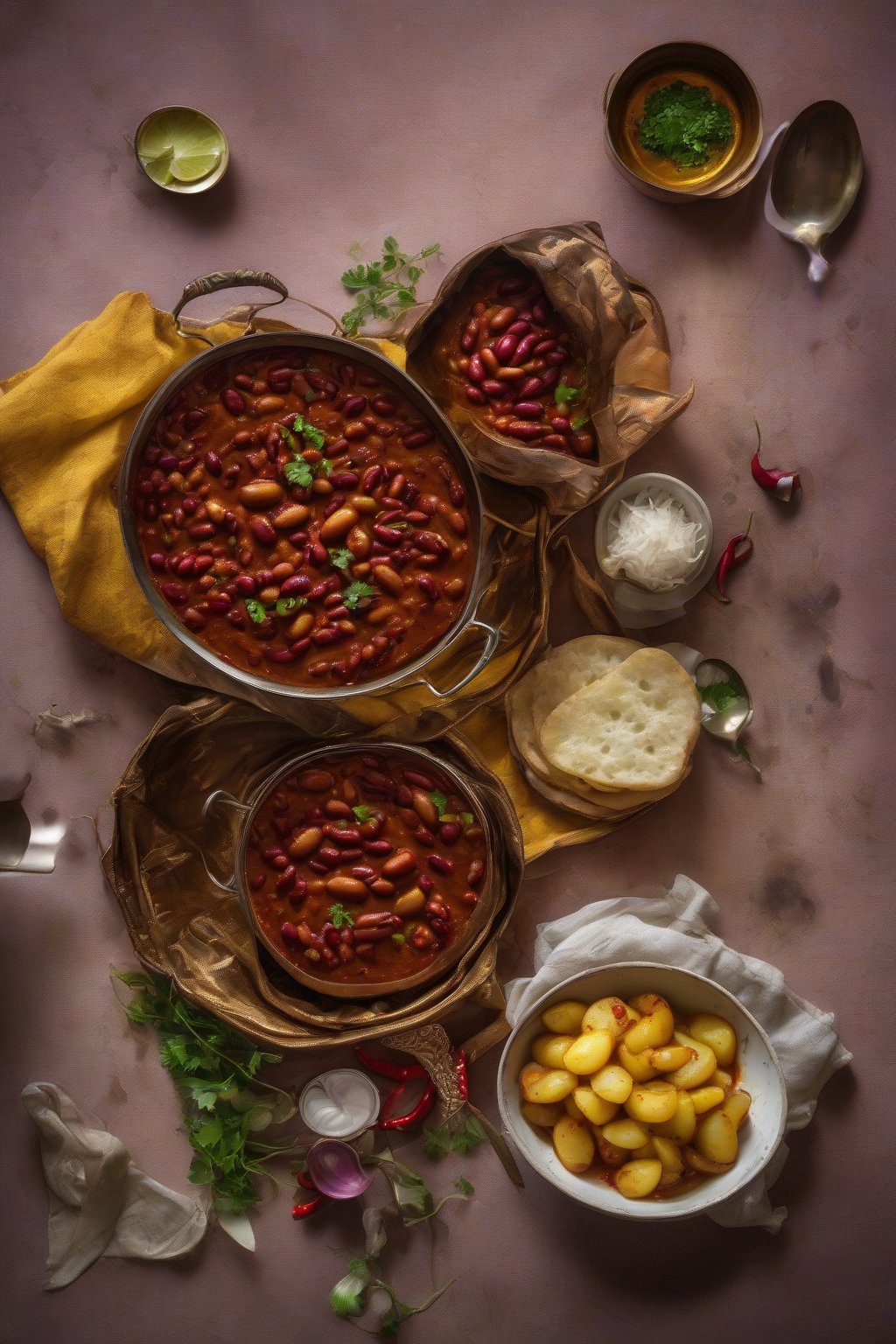 A high-resolution photo of fiery Goan vindaloo rajma with potatoes and red chili oil, under soft lighting.