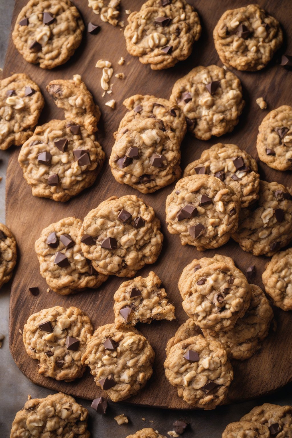 A high-resolution photo of golden, chewy classic oatmeal chocolate chip cookies piled on a rustic wooden board under soft lighting.