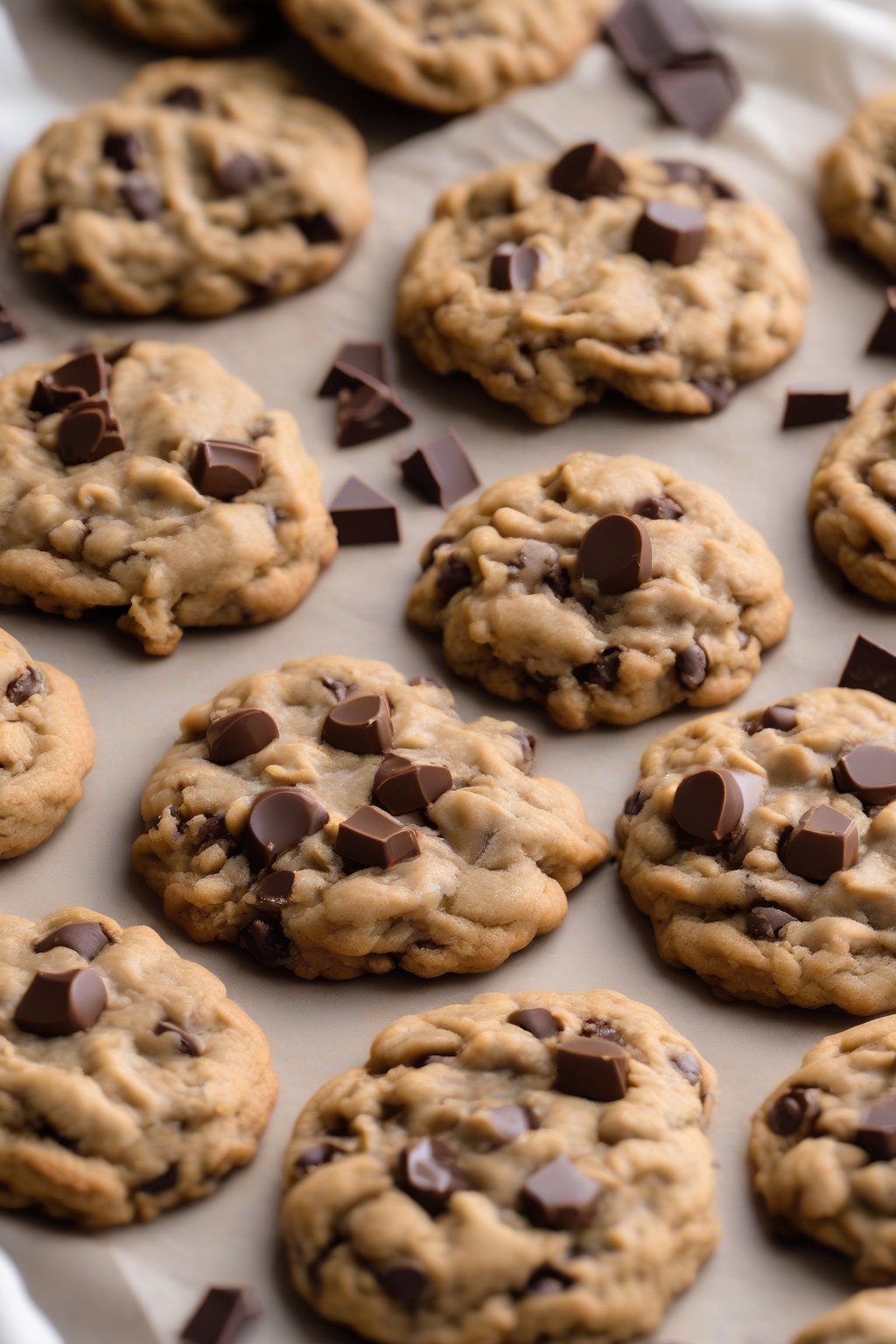 A high-resolution photo of chunky peanut butter oatmeal chocolate chip cookies with melty chocolate centers under soft lighting.