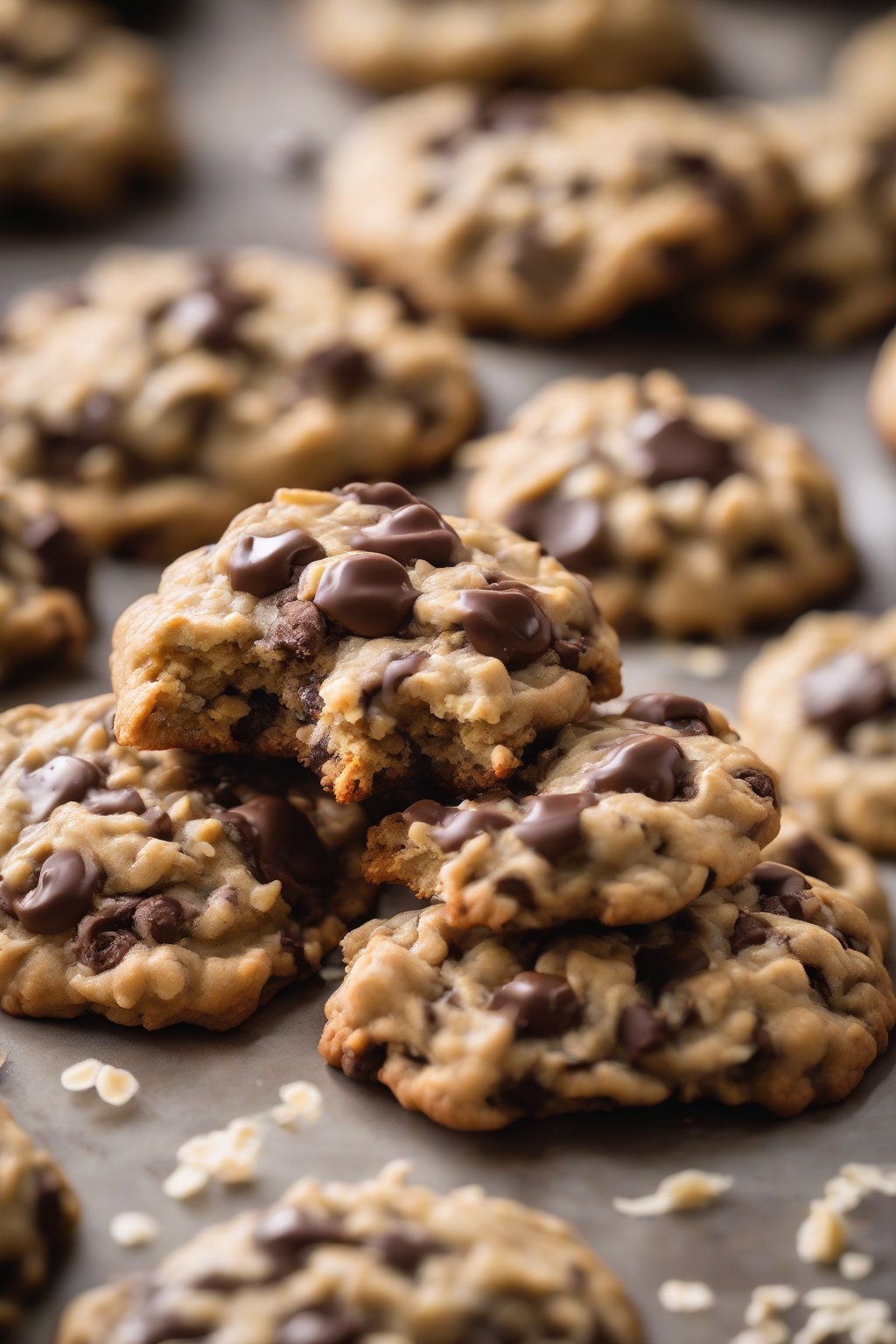 A high-resolution photo of soft banana oatmeal chocolate chip cookies with chocolate oozing out under soft lighting.