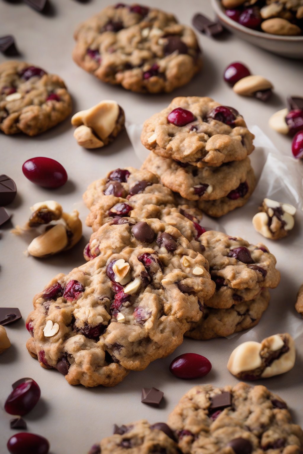 A high-resolution photo of cranberry-studded oatmeal chocolate chip cookies with nuts and chocolate under soft lighting.