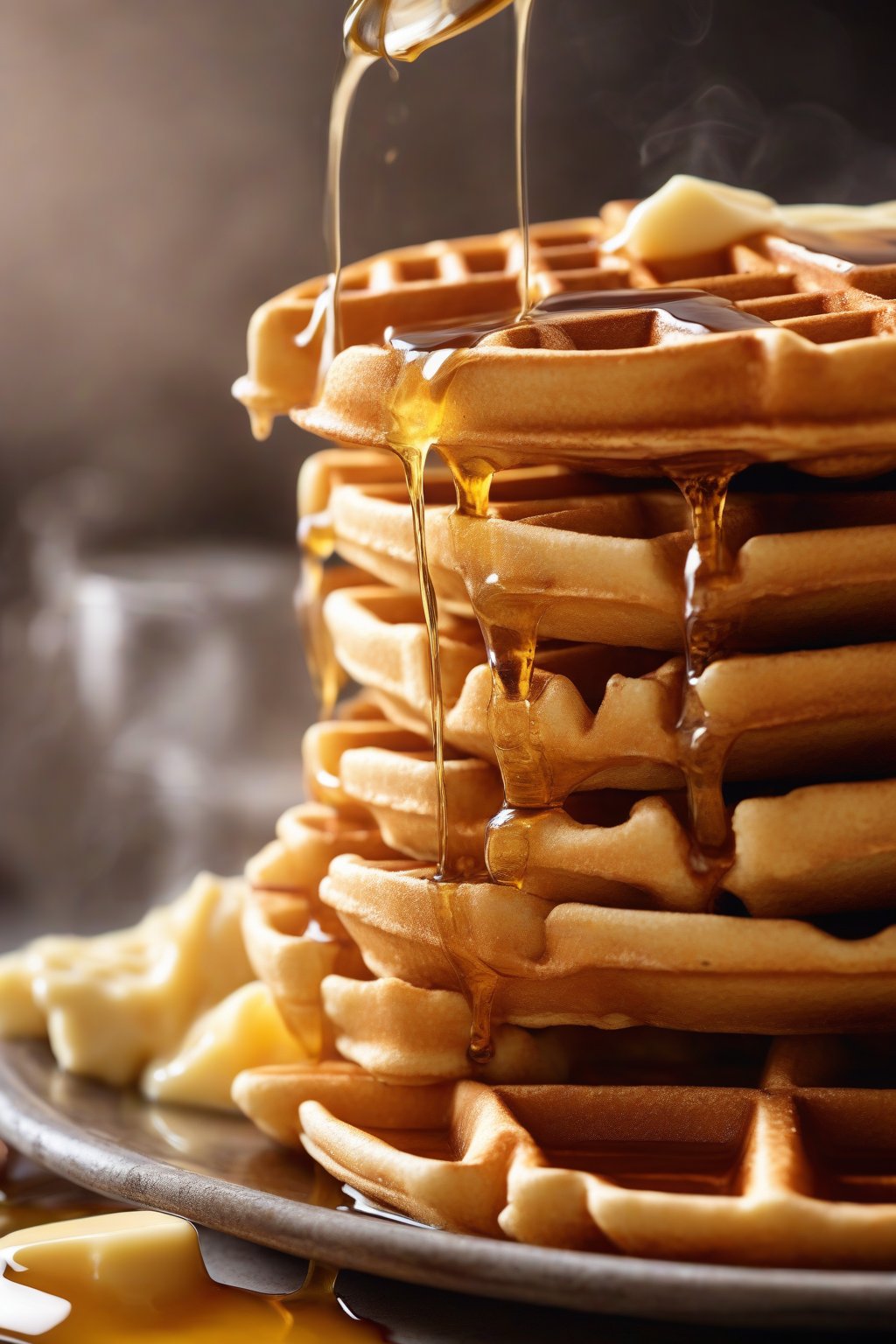 A high-resolution photo of golden buttermilk waffles stacked high with melting butter and maple syrup, steam rising, under soft lighting.