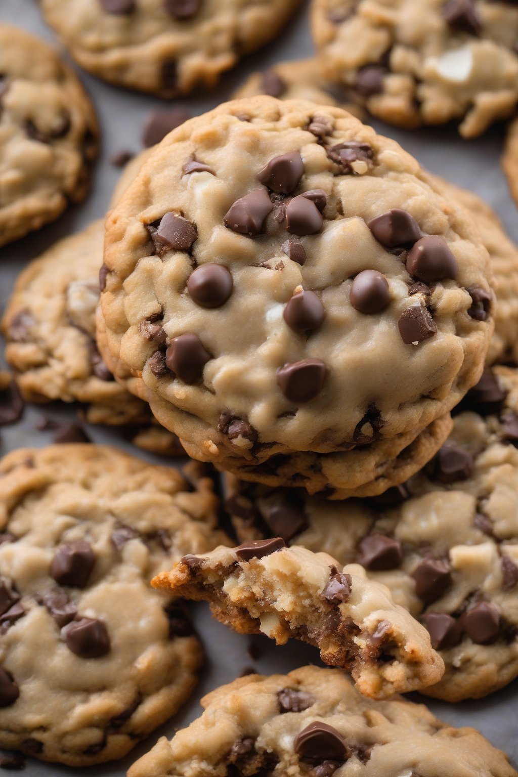A high-resolution photo of coconut-flecked oatmeal chocolate chip cookies with gooey chocolate under soft lighting.