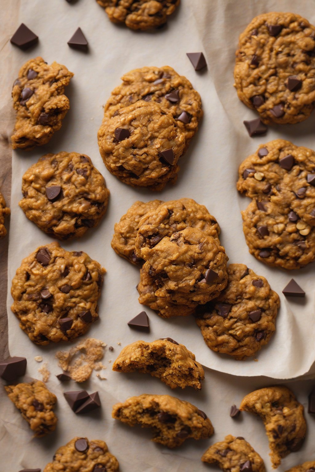 A high-resolution photo of spiced pumpkin oatmeal chocolate chip cookies with warm orange hues under soft lighting.