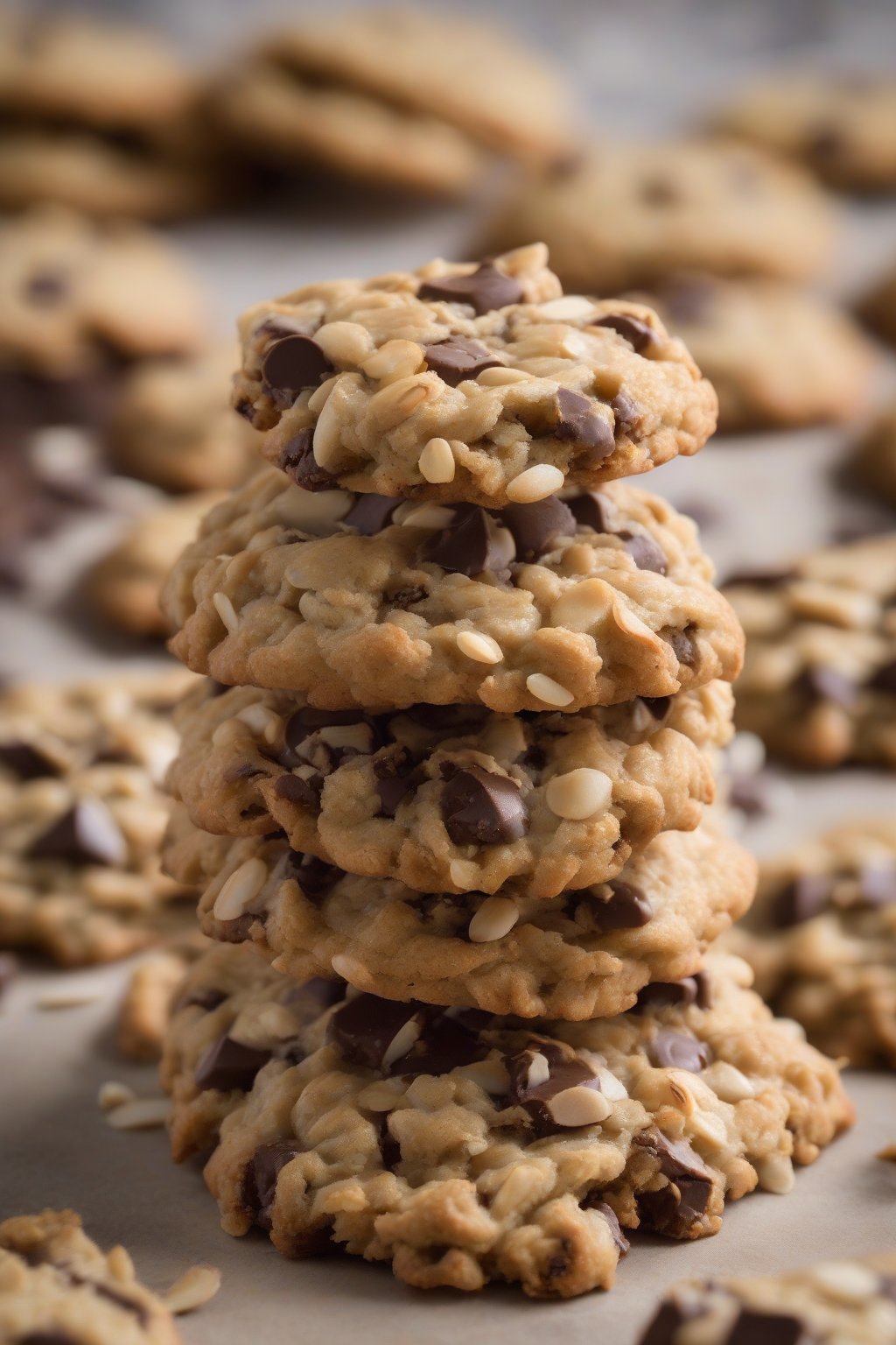 A high-resolution photo of almond and coconut oatmeal chocolate chip cookies stacked high under soft lighting.