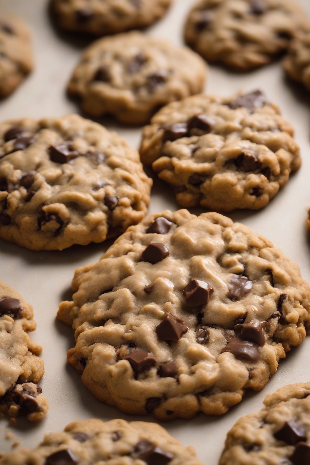 A high-resolution photo of maple-glazed walnut oatmeal chocolate chip cookies under soft lighting.