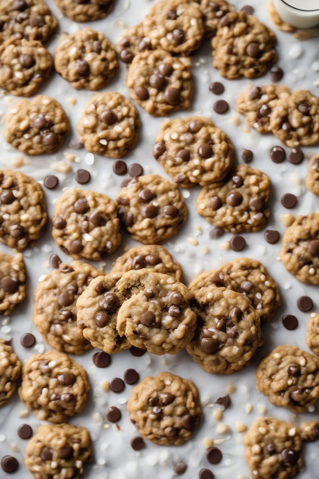 A high-resolution photo of sea salt topped caramel oatmeal chocolate chip cookies with drips under soft lighting.