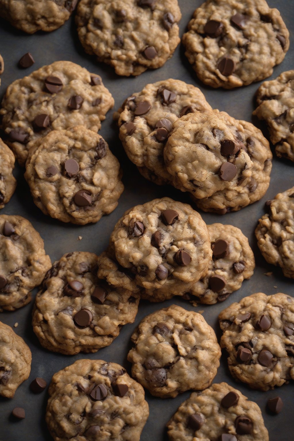 A high-resolution photo of dark, coffee-flecked oatmeal chocolate chip cookies under soft lighting.