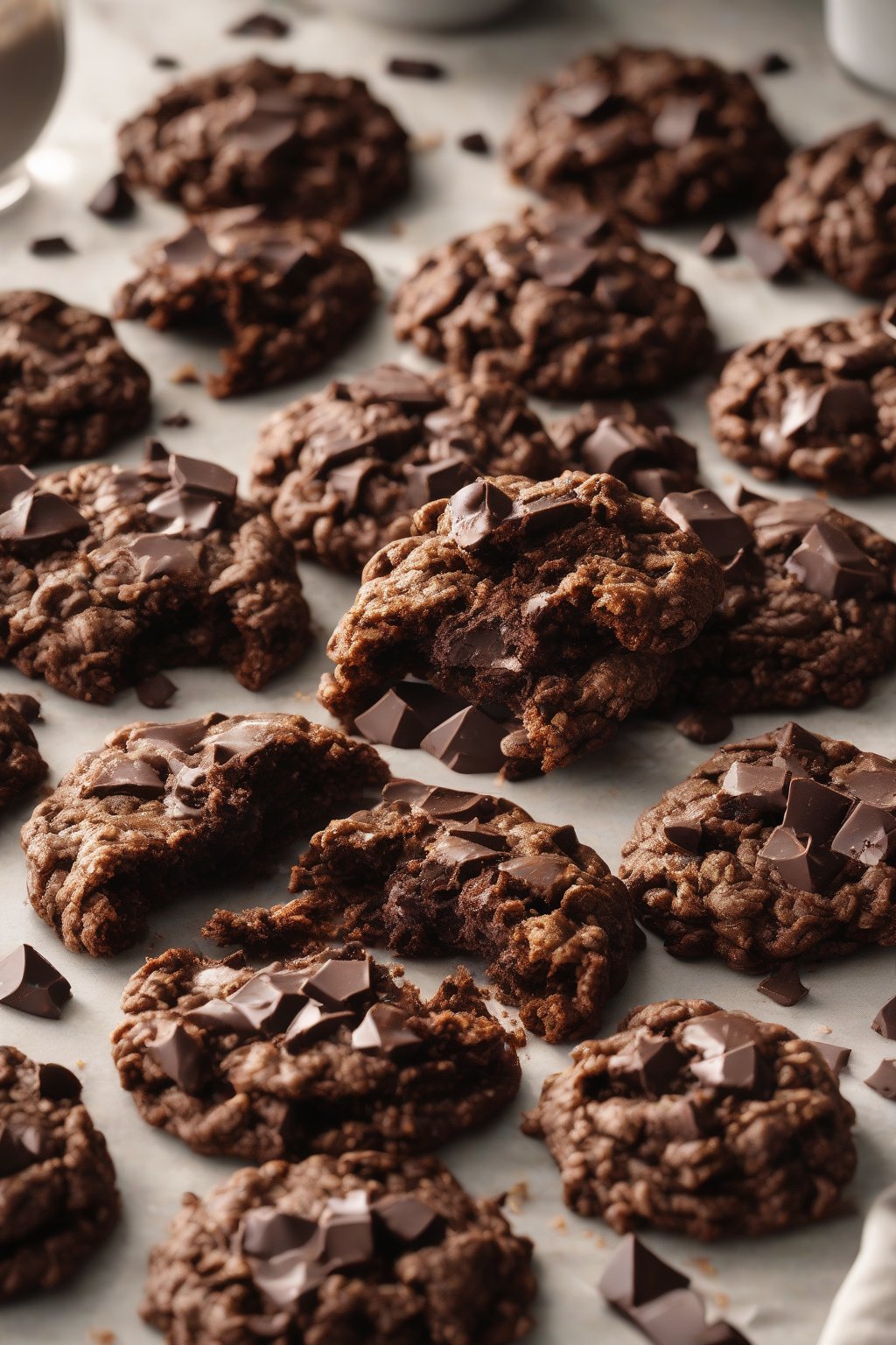 A high-resolution photo of fudgy double chocolate oatmeal cookies cracked open to show chips under soft lighting.