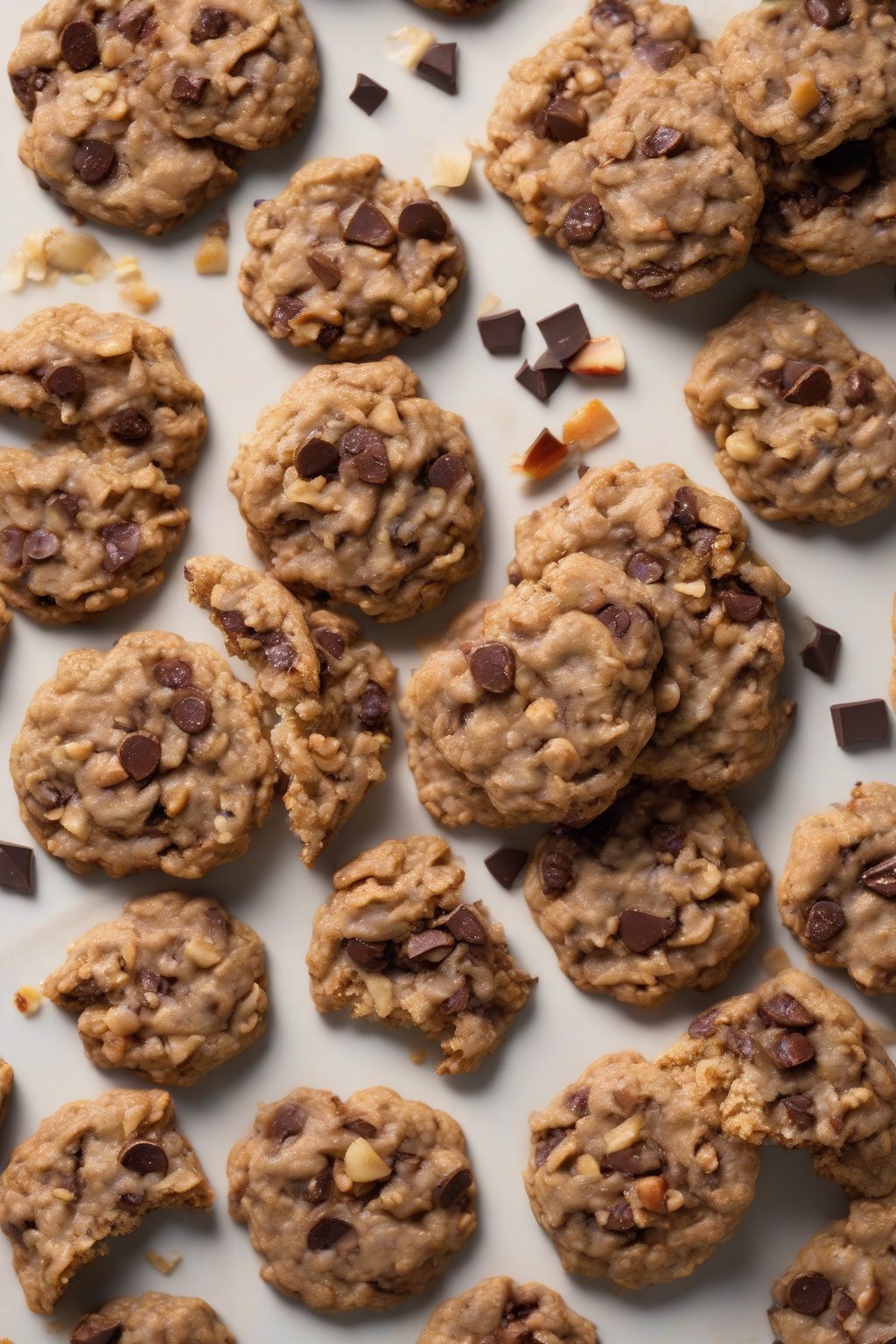 A high-resolution photo of cinnamon apple oatmeal chocolate chip cookies with fruit bits visible under soft lighting.
