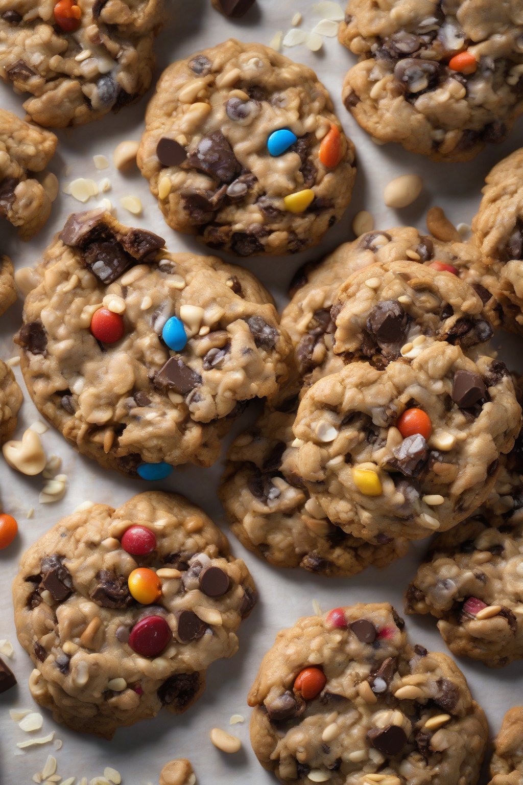A high-resolution photo of trail mix-packed oatmeal chocolate chip cookies bursting with add-ins under soft lighting.