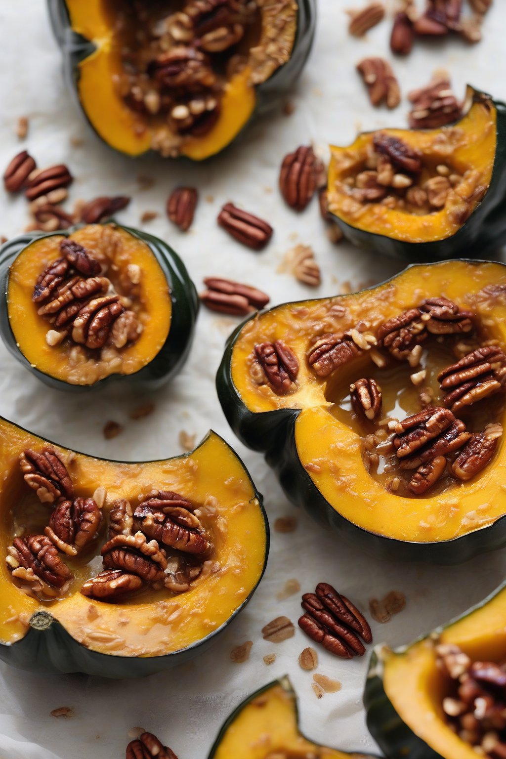 A high-resolution photo of roasted acorn squash halves glistening with maple glaze and crunchy pecans, under soft lighting.