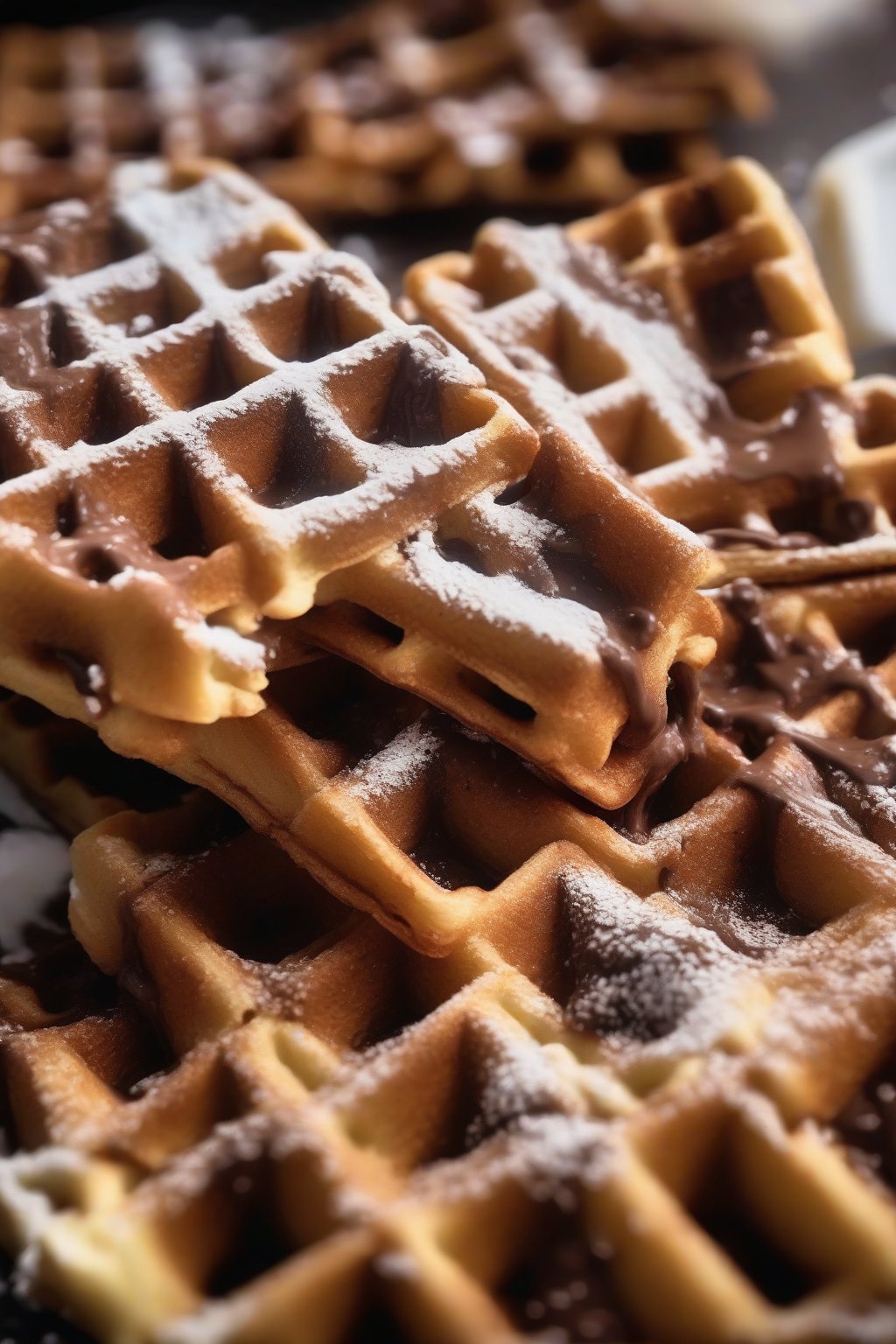 A close-up photo of chocolate chip golden waffles oozing melted chocolate, powdered sugar dusting, under soft lighting.