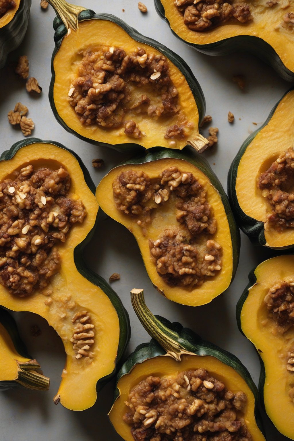 A close-up photo of walnut-stuffed acorn squash quarters with golden edges, under soft lighting.