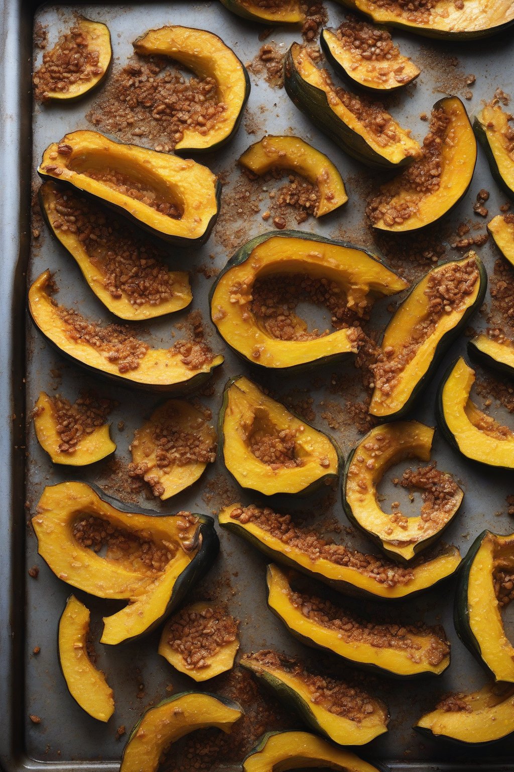 A high-resolution photo of crispy hazelnut butter-coated acorn squash wedges on a baking sheet, under soft lighting.