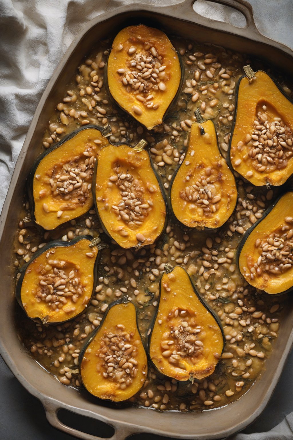 A high-resolution photo of golden acorn squash gratin bubbling with pine nuts, under soft lighting.