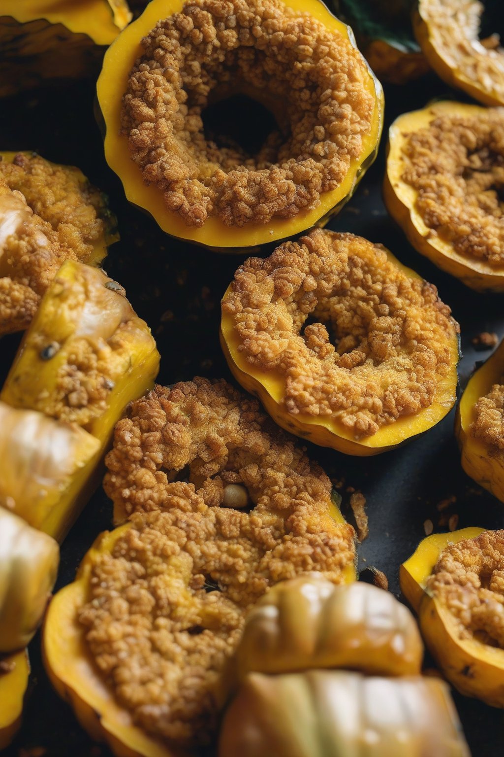 A close-up photo of golden cashew-crusted acorn squash rings stacked high, under soft lighting.