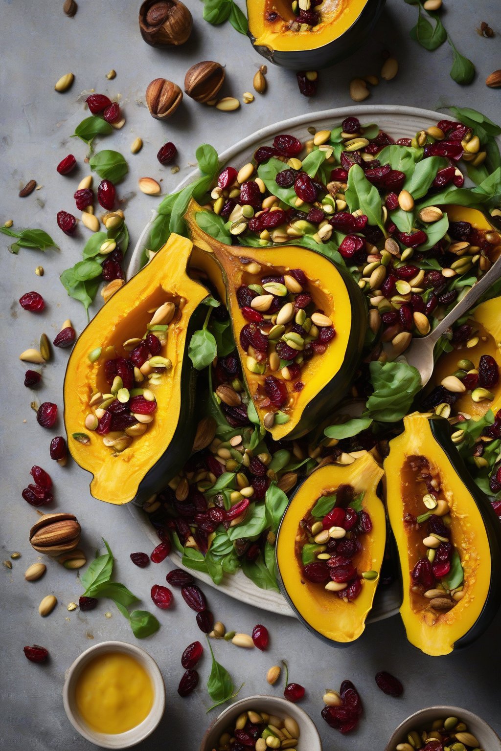 A high-resolution photo of roasted acorn squash salad with vibrant pistachios and cranberries, under soft lighting.