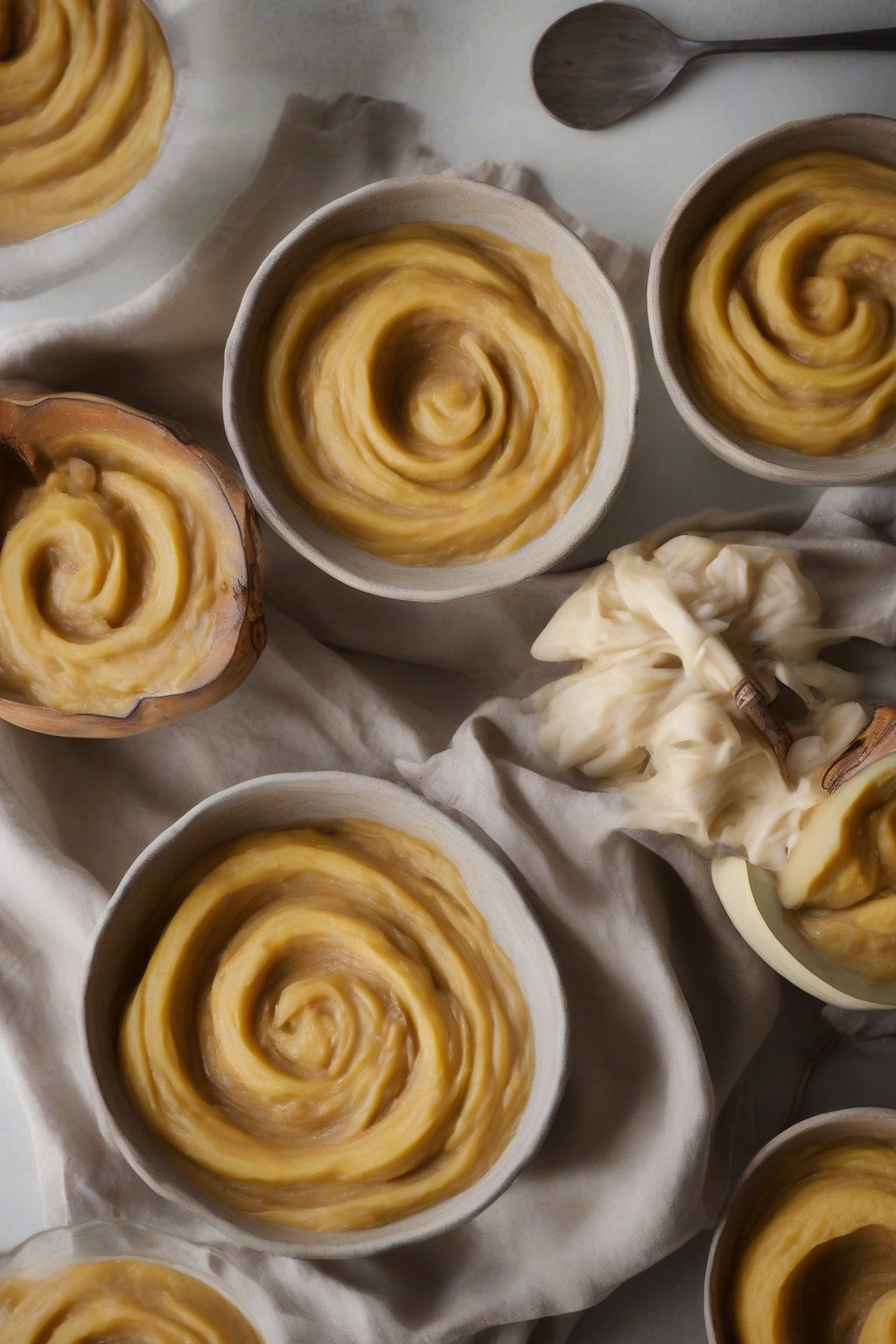 A close-up photo of creamy acorn squash and chestnut puree swirled in a bowl, under soft lighting.