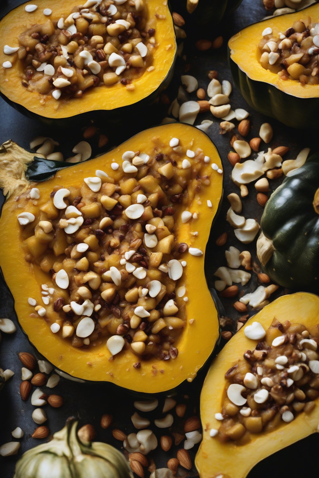 A high-resolution photo of baked acorn squash halves overflowing with macadamia nuts, under soft lighting.
