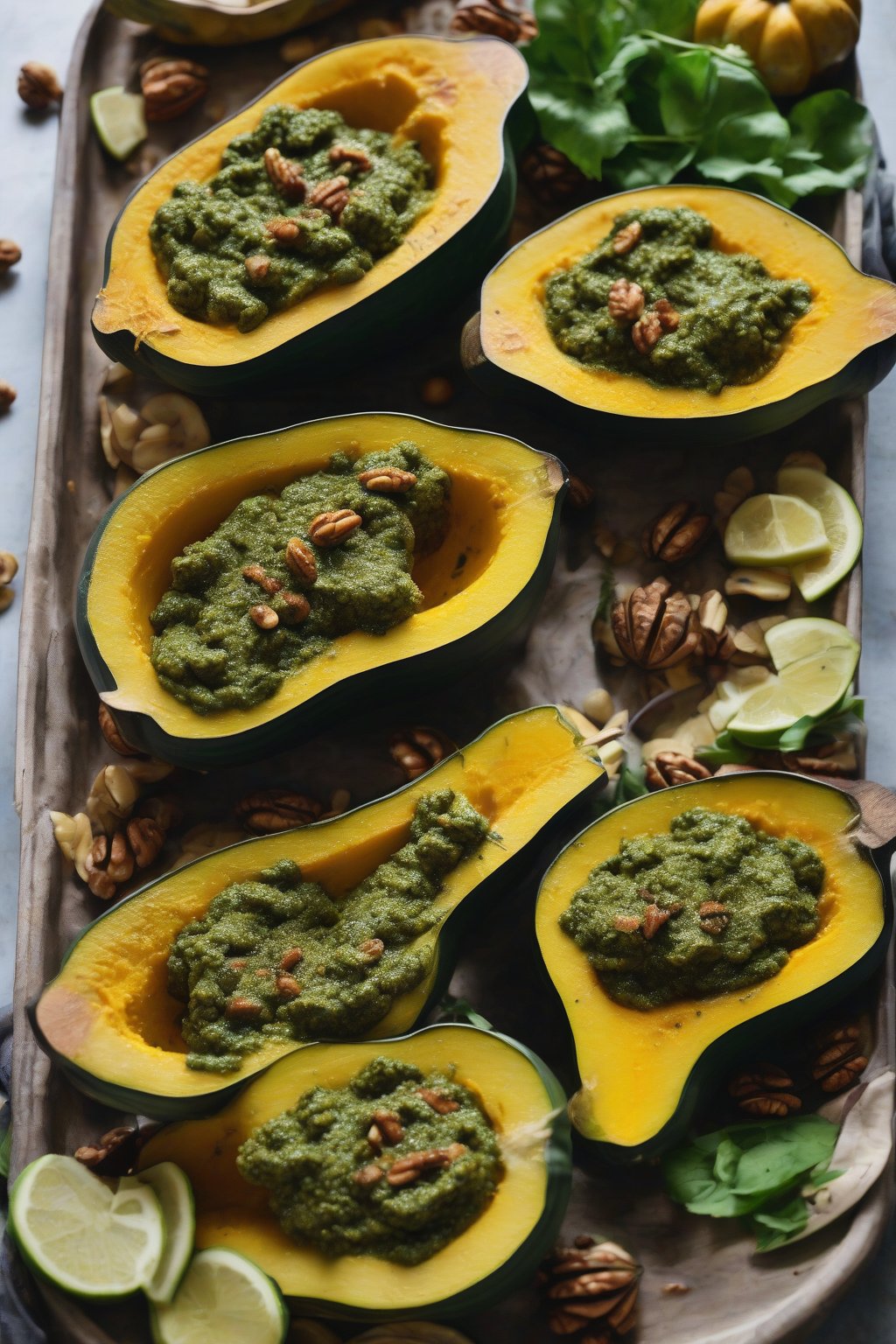 A close-up photo of acorn squash boats filled with vibrant green walnut pesto, under soft lighting.
