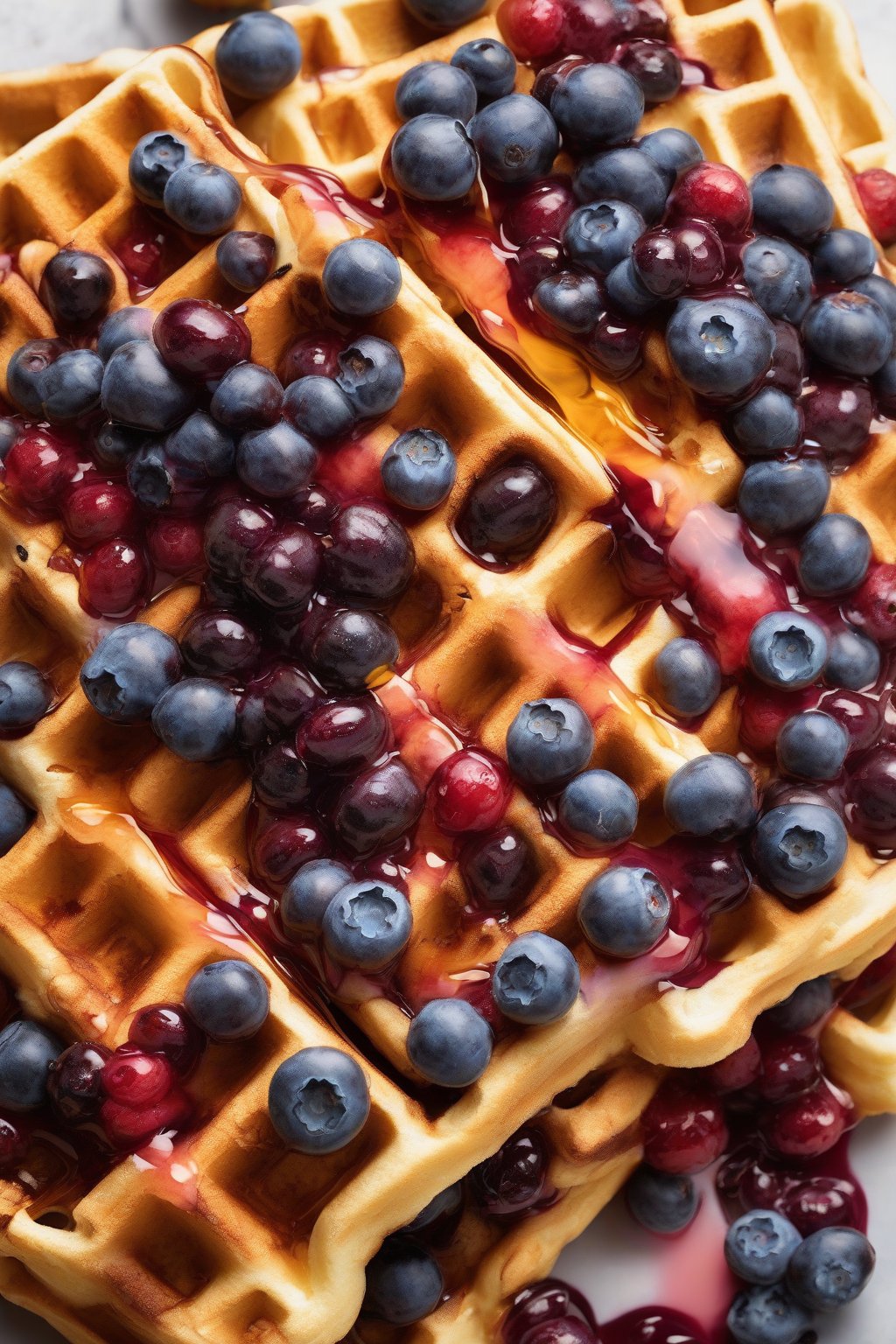 A high-resolution photo of blueberry golden waffles with berries spilling out, drizzled with honey, under soft lighting.