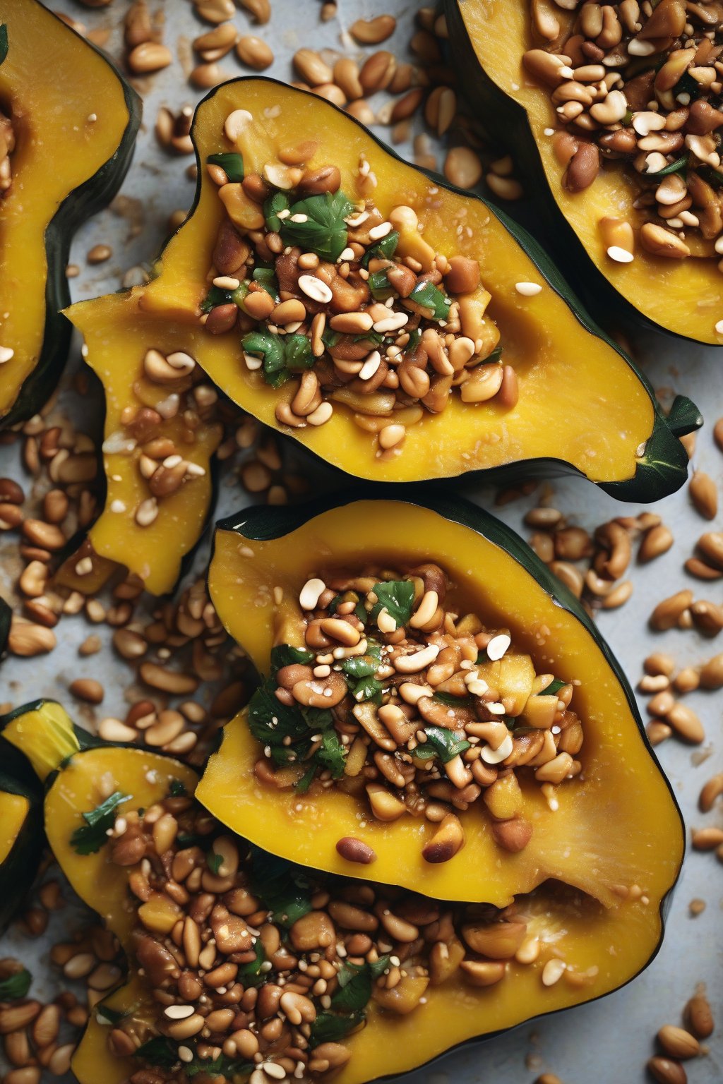 A close-up photo of stir-fried acorn squash with crunchy peanuts and sesame seeds, under soft lighting.