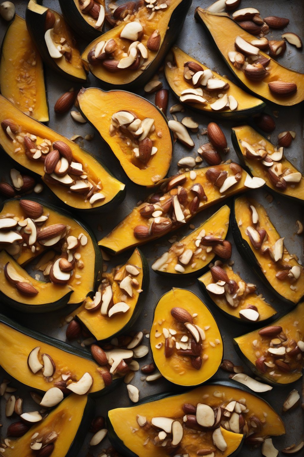 A high-resolution photo of brown butter acorn squash wedges scattered with Brazil nuts, under soft lighting.