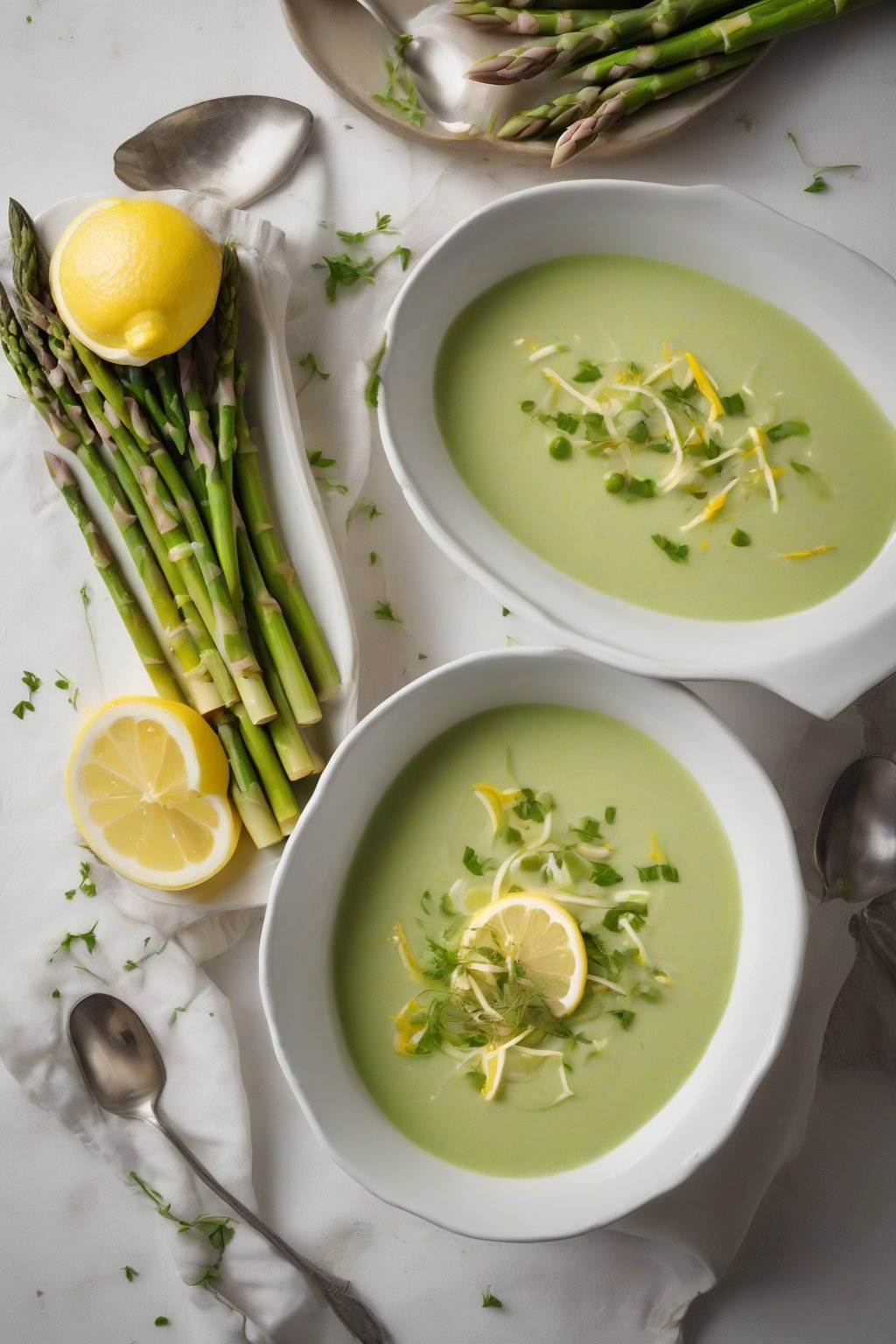 A high-resolution photo of creamy asparagus soup garnished with lemon zest in a white bowl, under soft lighting.
