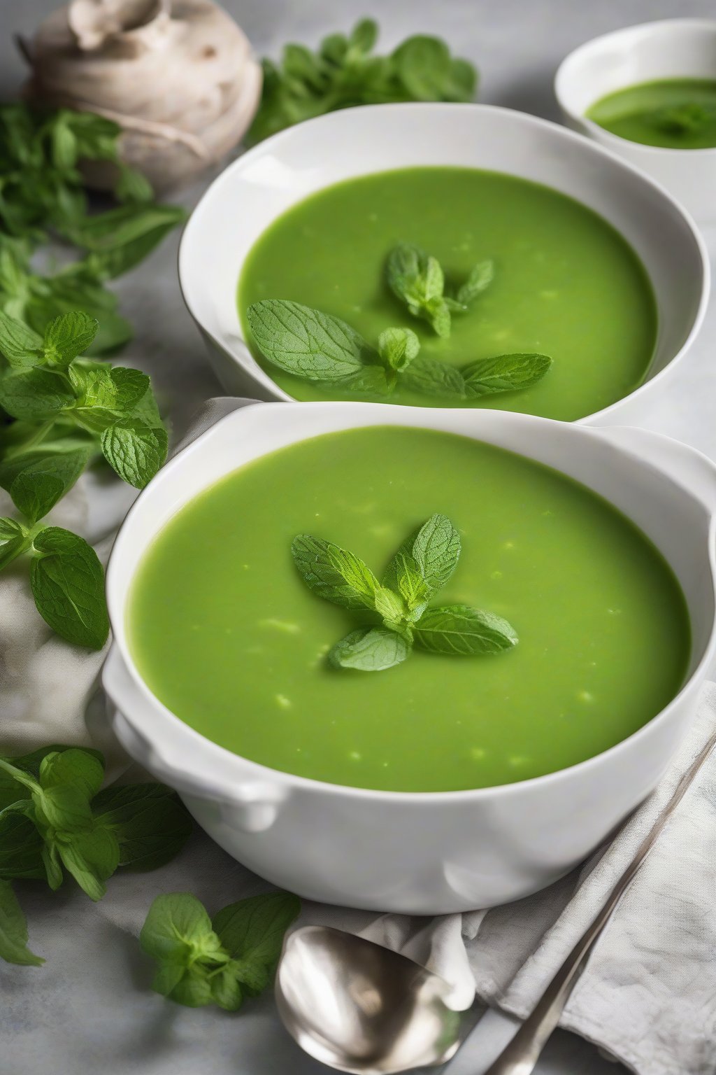 A high-resolution photo of vibrant green pea and mint soup topped with mint leaves, under soft lighting.
